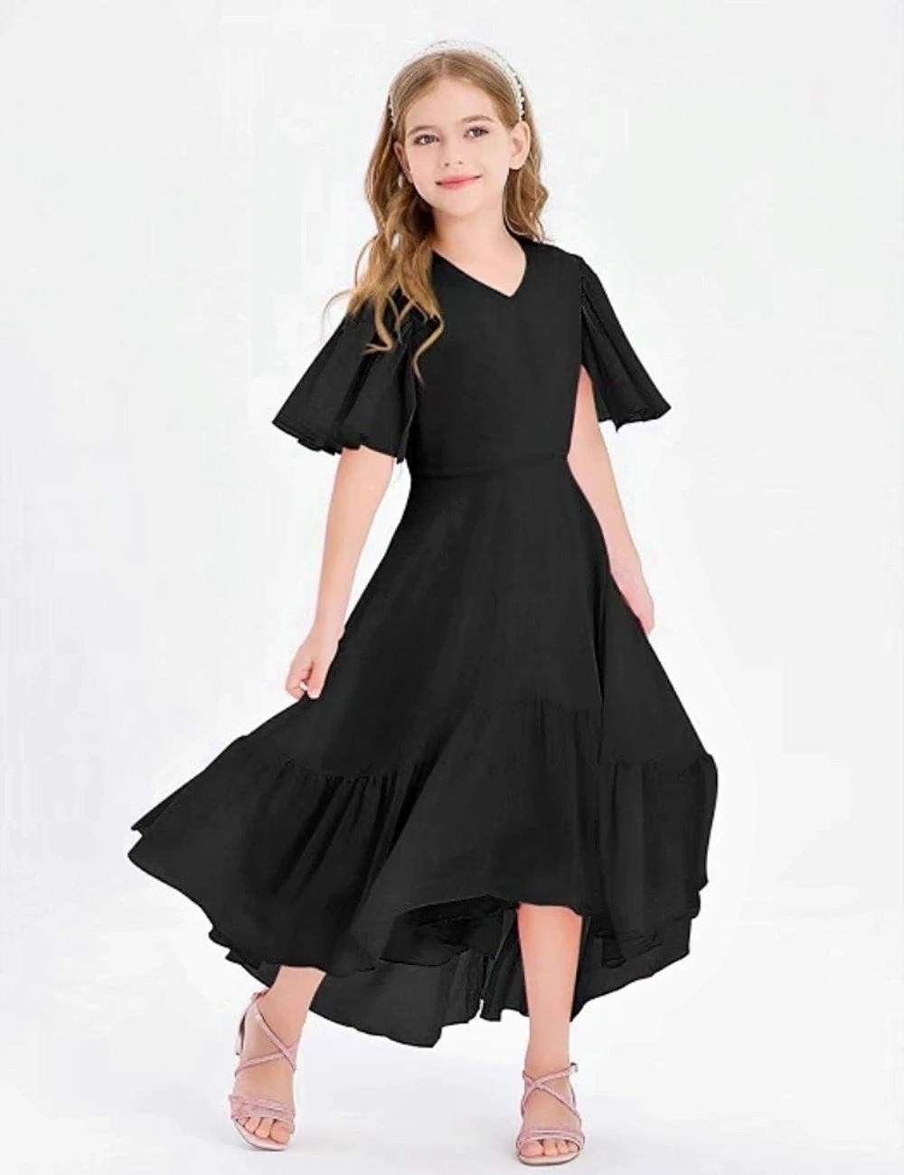 Girls Ruffle Dresses Short Sleeve Junior Bridesmaid Party Dress mid to long